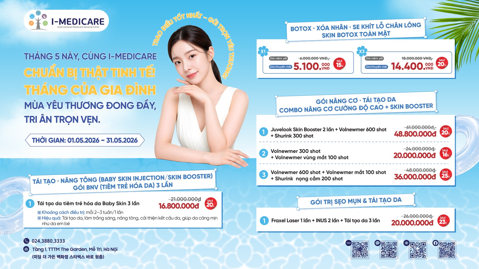 Ưu đãi da liễu nữ tháng 5 tại I-MEDICARE: Botox, nâng cơ, trị sẹo giảm đến 25%